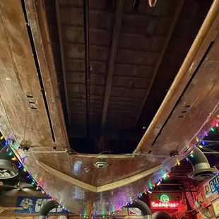 Overhead boat with lights.