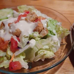 The side salad is just kind of a standard salad, but it was served cold and fresh.
