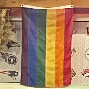 Rainbow flag over inside of front door.