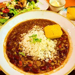 Vegan Red Beans and Rice: Red Beans, Plant-Based Sausage, Peppers, Onions, Celery, Rice with Vegan Cornbread and Butter