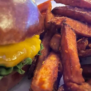 Pretzel bun - burger , sweet potato fries