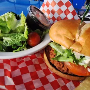 My fried chicken sandwich with side salad