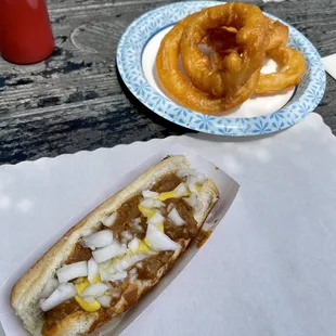 Loose coney and half order onion rings.