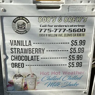 Milkshake menu