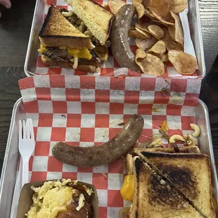 Bob's Mac &amp; Moo Sandwich - Large, cheese Cheesy Potatoes - Single, Chips, Jalapeño Cheese Brat