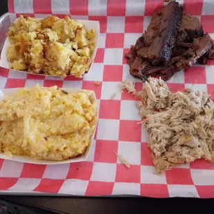 Moms food.  Chicken so bland brisket was good.   Hashbrowns good but cornbread casserole nasty bland.