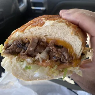 BBQ beef w/ cheddar on Dutch Crunch.