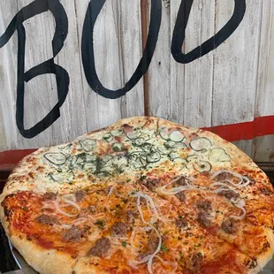 Half Bob's Sausage Pizza &amp; half Pickle Pizza