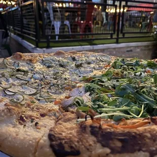 Pickle pizza and half Roasted Chicken and Bobs Kimchi. You normally can't do half and half but we got it special. Amazing!