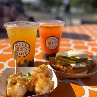 two drinks and a sandwich