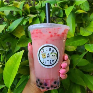 Milky strawberry with fresh strawberry bits and brown sugar coated boba. Kid friendly caffeine free