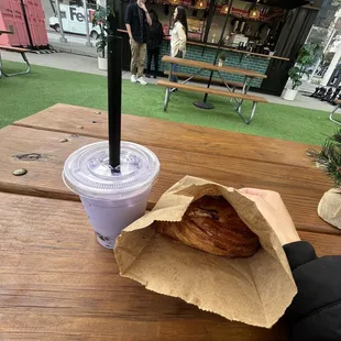 Ube Taro Milk Tea with Boba and pastry