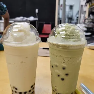 Pineapple coconut smoothie on the left and matcha green tea Smoothie on the right.