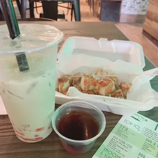 Matcha Peach Milk Tea and Spicy fried tofu