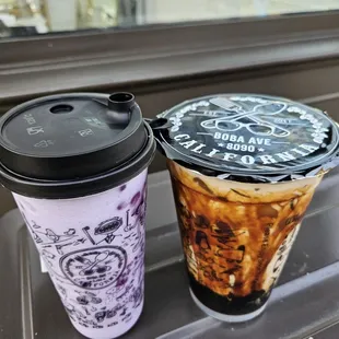 taro smoothie $6.25 with grape boba $0.88 extra....messy brown sugar milk boba tea $5.65 and make it huge $0.88 extra...