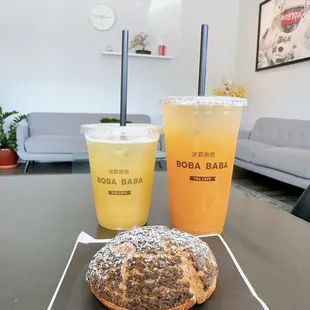 Sesame creme puff, pina cola-cha and peach Fresca