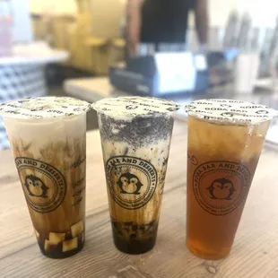 Brown Sugar Marble w/ Egg Pudding (made w/ Oat Milk), Oreo Brown Sugar Marble with SCC &amp; Boba, Passion Fruit Oolong Tea