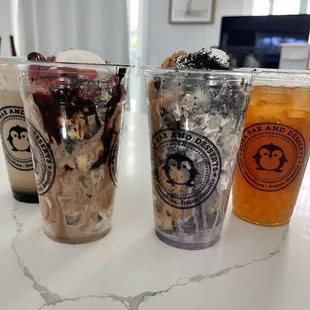 Strawberry Cheesecake puffle, Purple Oreo Puffle, lychee green tea, and Brown Sugar Latte