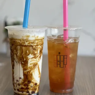 Brown sugar boba and passionfruit tea
