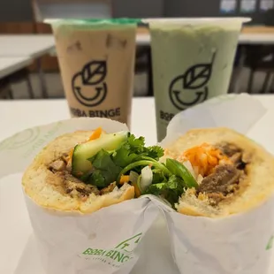 Grilled chicken banh mi with sesame matcha latte and Vietnamese coffee milk tea with coffee jelly