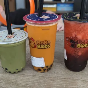 Small matcha, large Thai tea, large watermelon slush