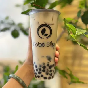 Jasmine Milk Tea with boba and grass jelly