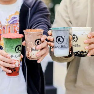 Left to right: Strawberry matcha latte, Tiramisu latte, Hojicha cream cheese Latte, Creamy black sesame latte IG: michellelieats
