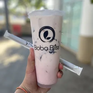 Strawberry milk tea w/ grass jelly
