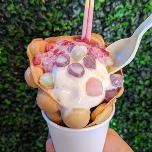 Bubble Waffle Cone (vanilla ice cream, mochi, strawberry, strawberry pocky, milk creme)