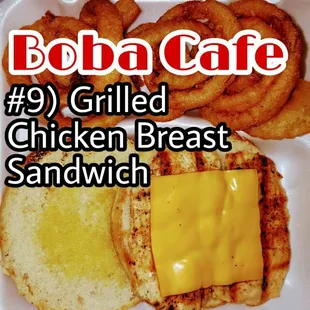 #9) Grilled Chicken Breast Sandwich with Cheese and Onion Rings