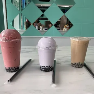 large fresh fruit, strawberry smoothie with Boba, regular tarot smoothie with Boba, large winter melon with Boba