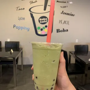Matcha milk tea with boba