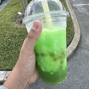 Ask for green apple slushy with green apple popping boba, it&apos;s a secret menu item.