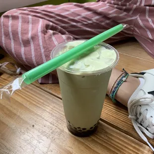 Matcha snow bubble tea with tapioca Bobba