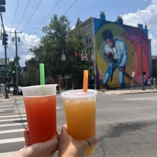 Passionfruit tea + passionfruit boba and peach ginger tea + mango boba