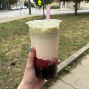 Seasonal strawberry matcha with boba