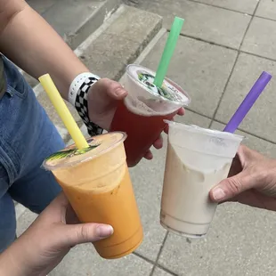 Thai milk tea, coconut milk tea with brown sugar jelly, strawberry tea with raspberry