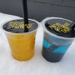 Delicious, fun bubble tea  Blueberry fizzy with pearls and passion fruit tea with lychee poppers