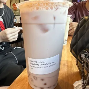 Strawberry Green Milk Tea w Mango popping boba