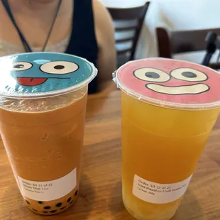 Left: Slush Thai Tea with reg boba  Right: Iced Passion Fruit Green Tea with Lychee