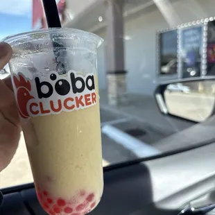 Mango Smoothie with strawberry popping boba