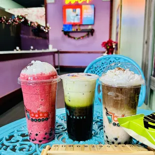 Red Velvet Milk Shake, Matcha Milk Tea, Dirty Horchata (Iced)