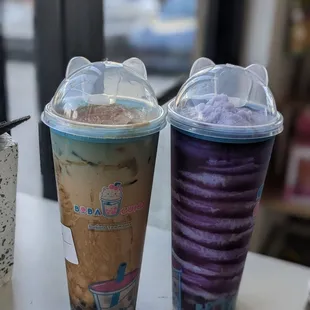 Egg pudding milk tea and taro tea tornado