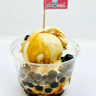 Brown Sugar Boba Gelato! Italian vanilla bean gelato topped with Okinawa brown sugar boba. Our love for boba has never stopped! We are now l