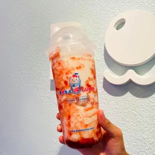 Pairing this Strawberry Milk Latte for your Columbus Day?Garden-fresh strawberries mixed with fresh milk and brown sugar boba topping