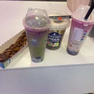 Chocolate waffle pop, taro matcha milk tea, fire cream brûlée milk tea bucket &amp; a strawberry milk bubble tea