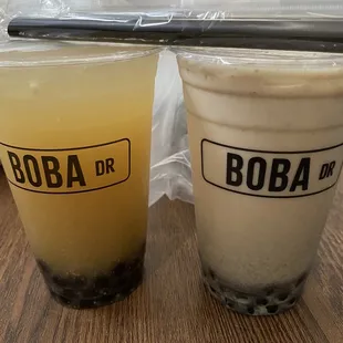 Lychee Refresher on the left and black sesame hoji on the right.