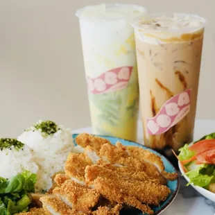 two plates of food and a drink