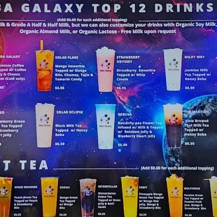 the drinks available at boba galaxy
