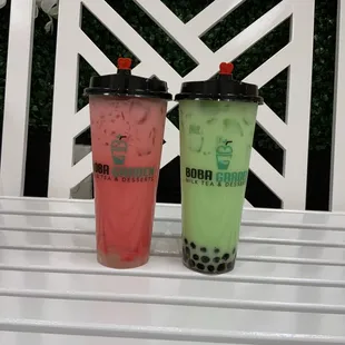 Pink Milk w/ Lychee Jelly and Boba Garden Green Drink w/ Boba